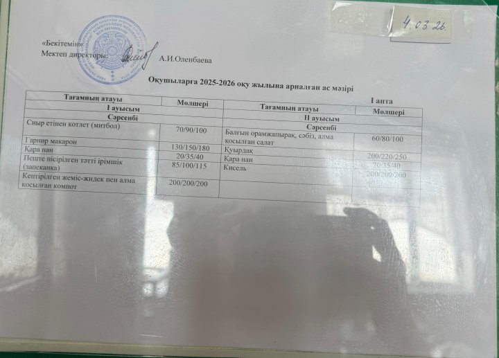Ас мәзірі І ауысым