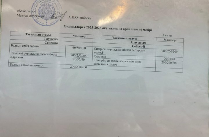 Ас мәзірі ІІ ауысым